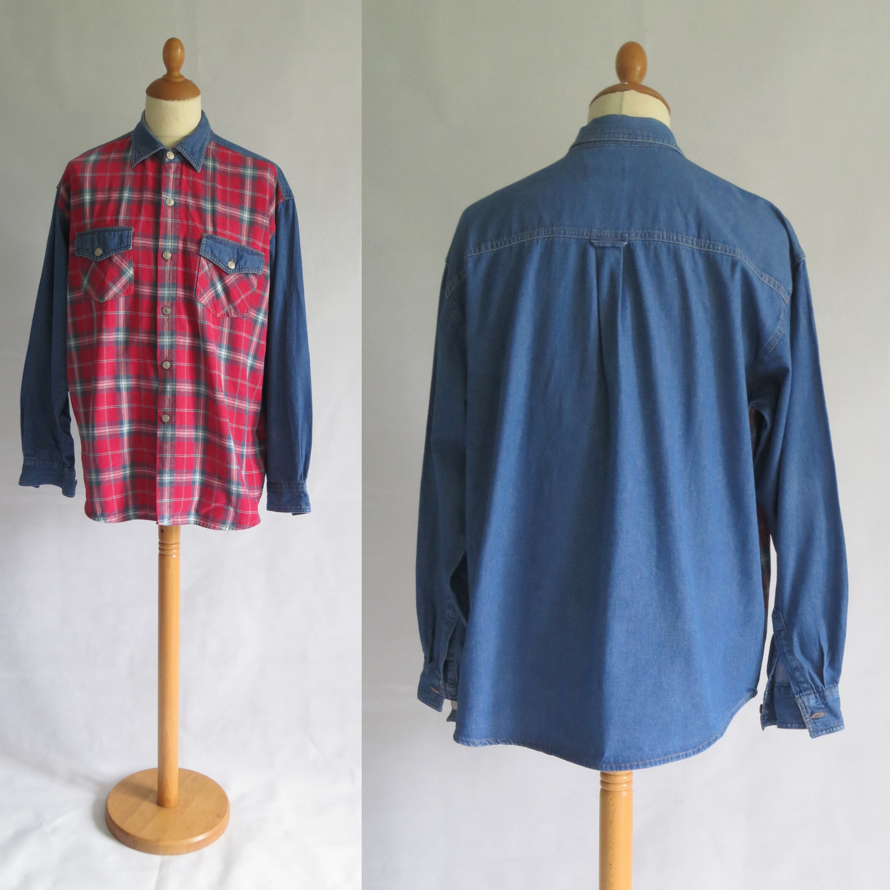 Image of Mens Red Plaid Denim Shirt, Checked, Western Long Sleeved Top, Cotton, Large