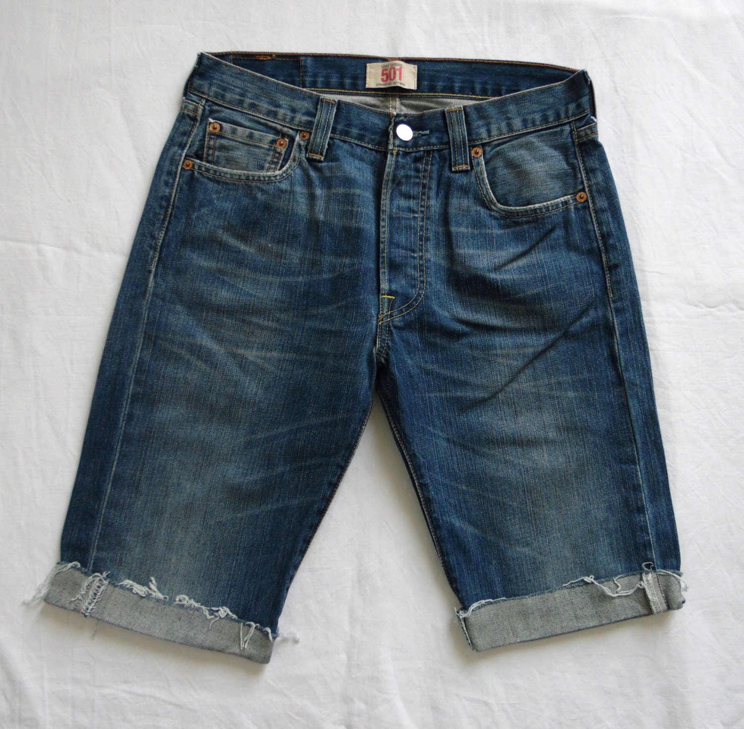 Image of Levis Shorts, Vintage 501, Blue Denim, Jean Cut Off Long Waist 27, Small