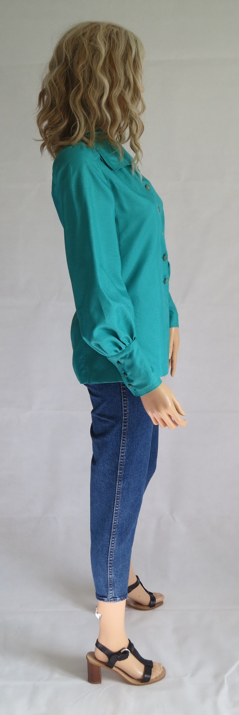 large coller long puff sleeves jade green small french 70/'s retro vintage Green fitted blouse shirt top