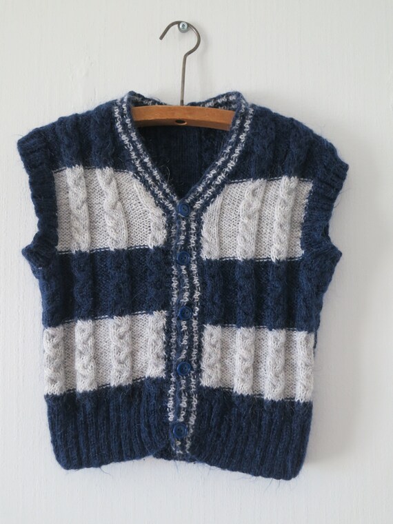 Boy's knitted vest tanktop, navy blue & grey stri… - image 3