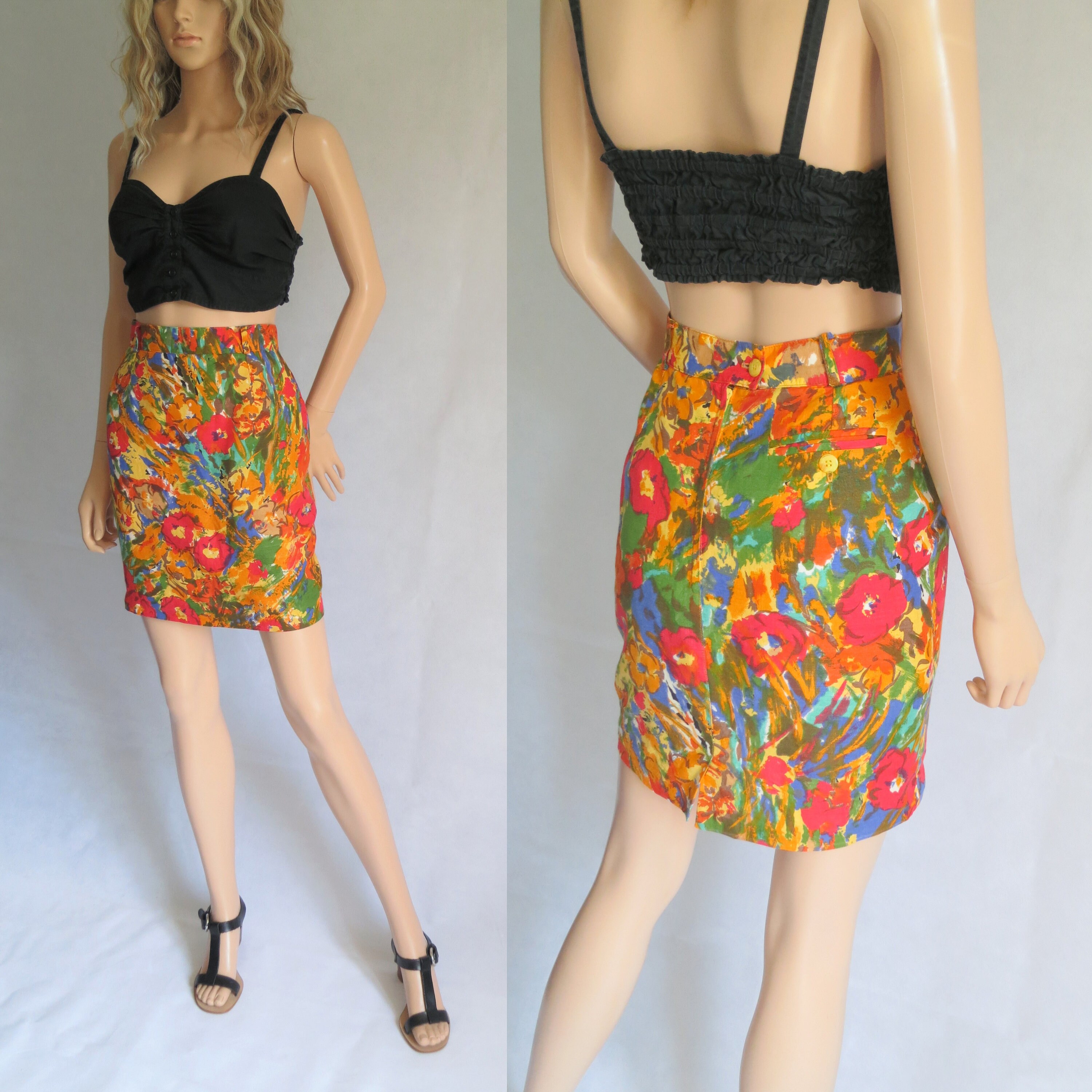 Image of Floral Fédora Pencil Skirt, Orange Red Bright Patterned, French Vintage Retro, Short Length High Waist, Small