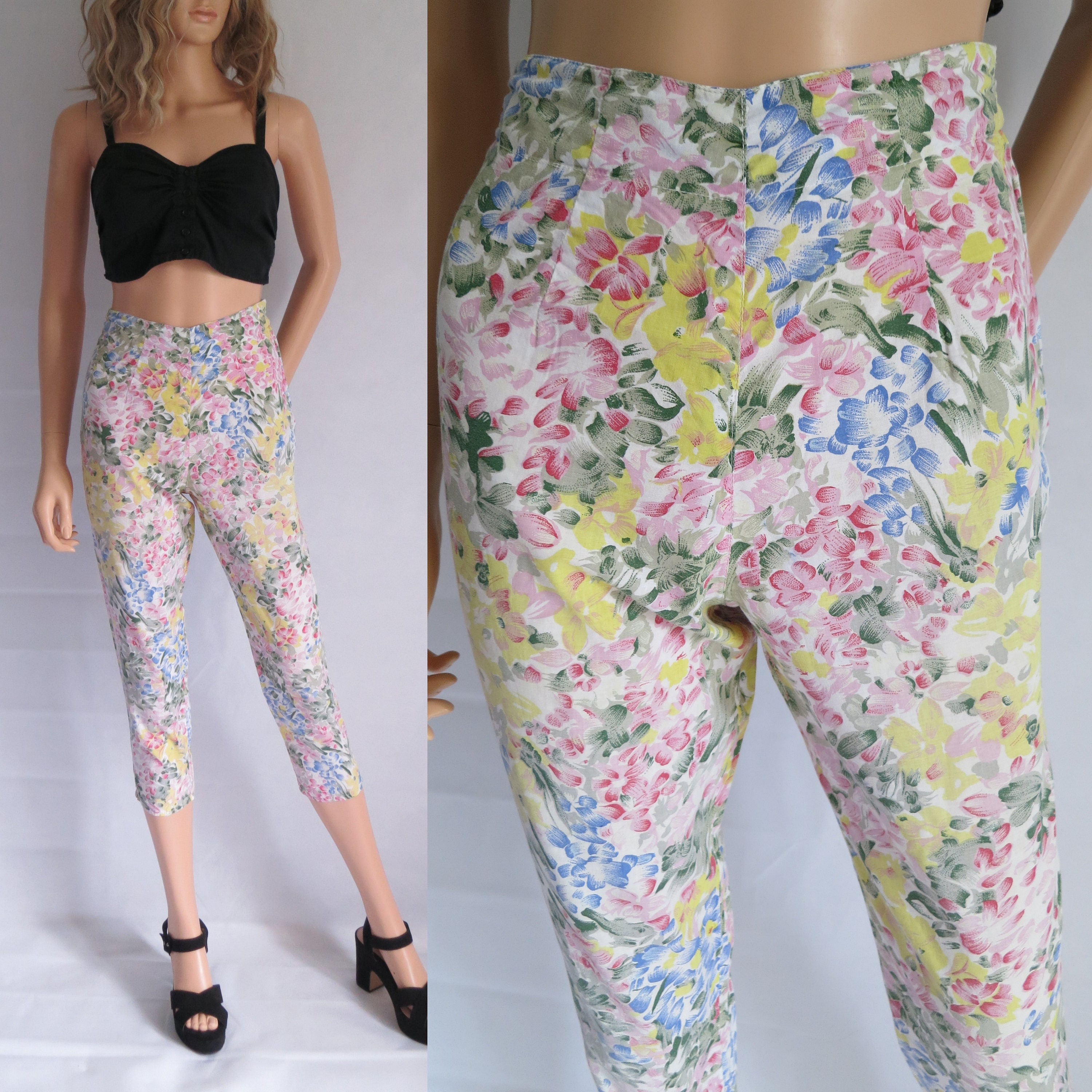 Image of Floral Capri Cropped Pants Trousers, Pastels, High Waisted, French Vintage Retro, Pedal Pushers, Cotton, X Small