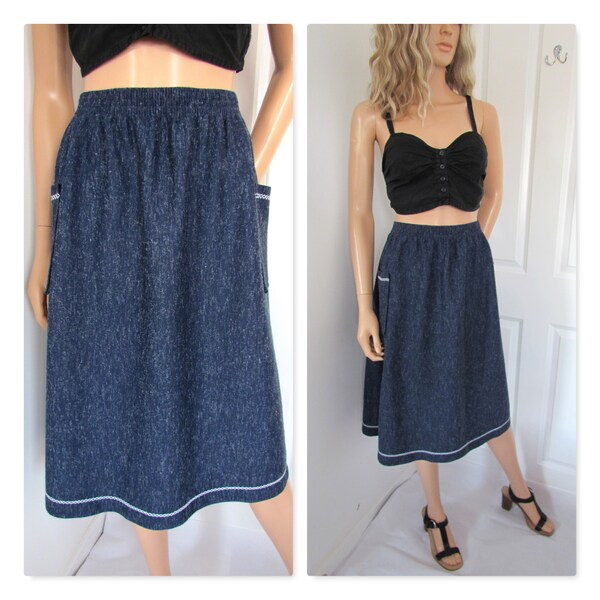 Blue vintage skirt, elasticated waist, British vintage retro, pockets, large