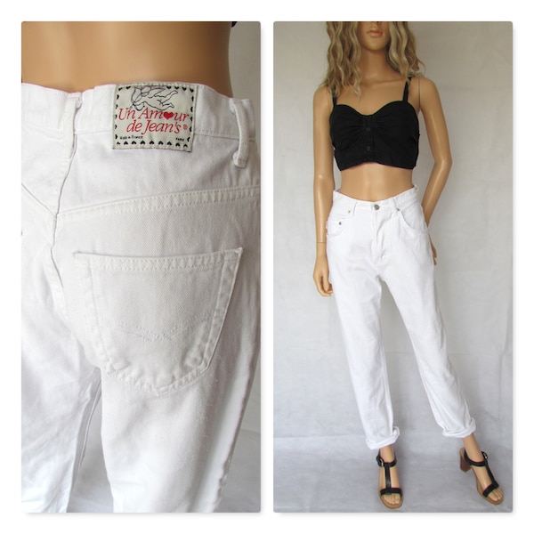 White high waist jeans, 4 button fly, denim pants, French vintage retro trousers, tapered leg, small, 38 eur, 10 uk