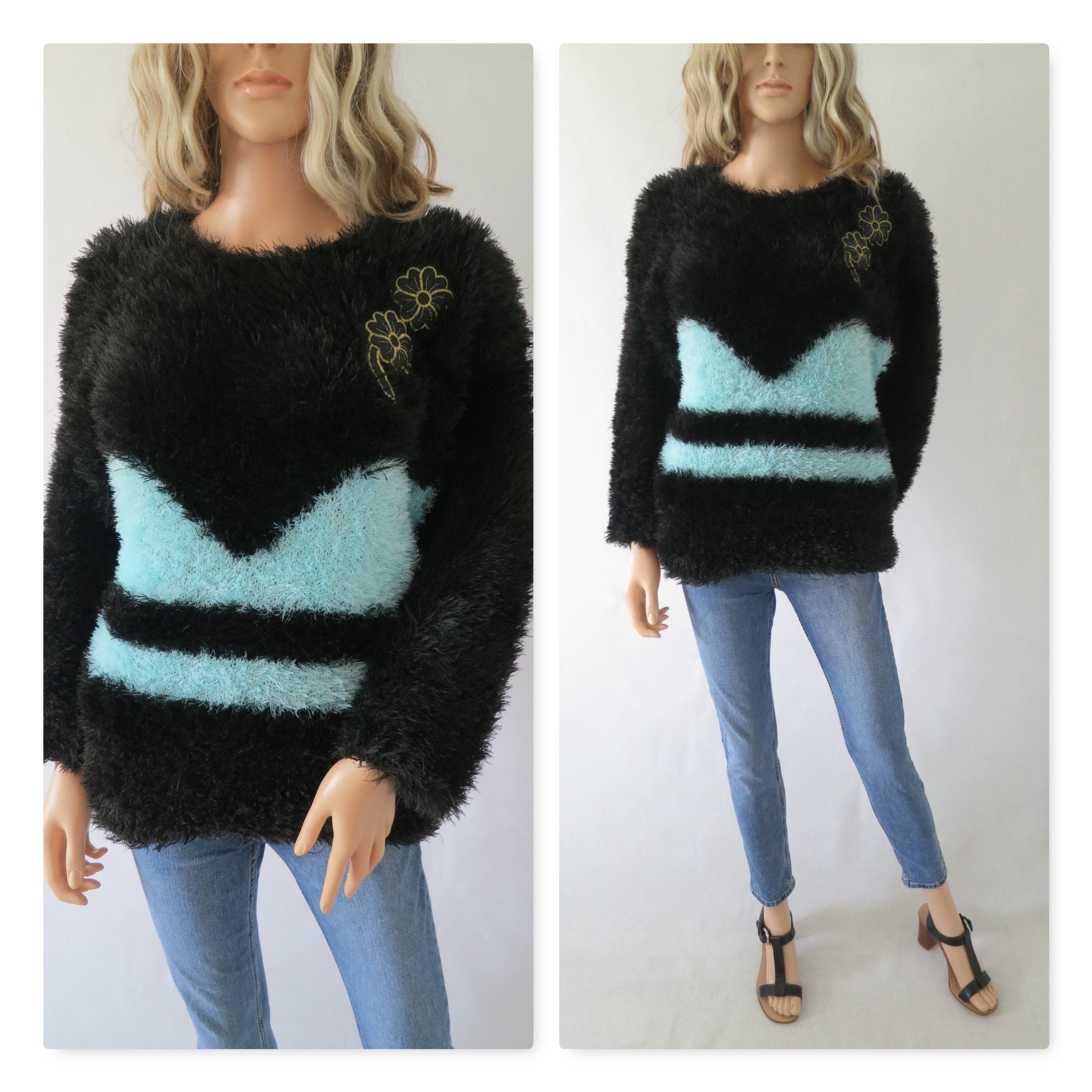 Image of Black Fluffy Sweater Jumper Pullover, Long Sleeve, Crew Neck, French 's Vintage Retro