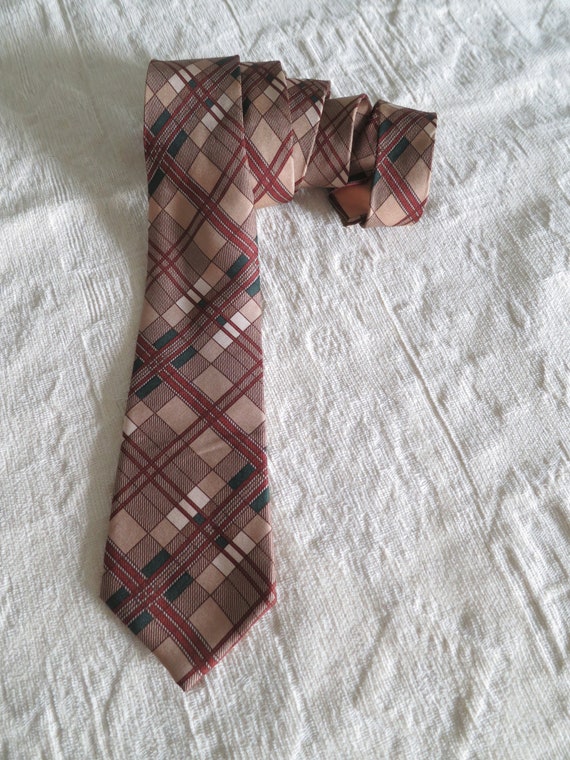 Vintage silk tie cravate, brown plaid checked, pu… - image 3