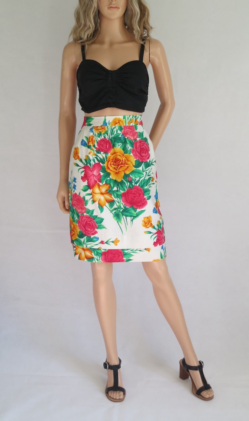 Floral summer pencil skirt, vintage retro 80's, high waist, colourful French fitted knee length summer skirt, small image 5
