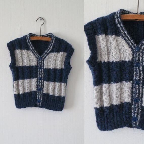 Boy's knitted vest tanktop, navy blue & grey stri… - image 1