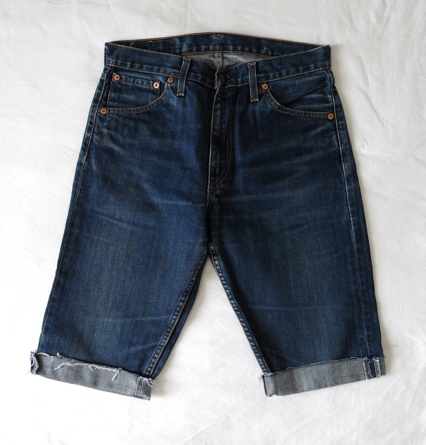 Image of Mens Vintage Levis 505 Shorts, Blue Denim Jean, Cut Off Long Waist 31 32, Small, Medium