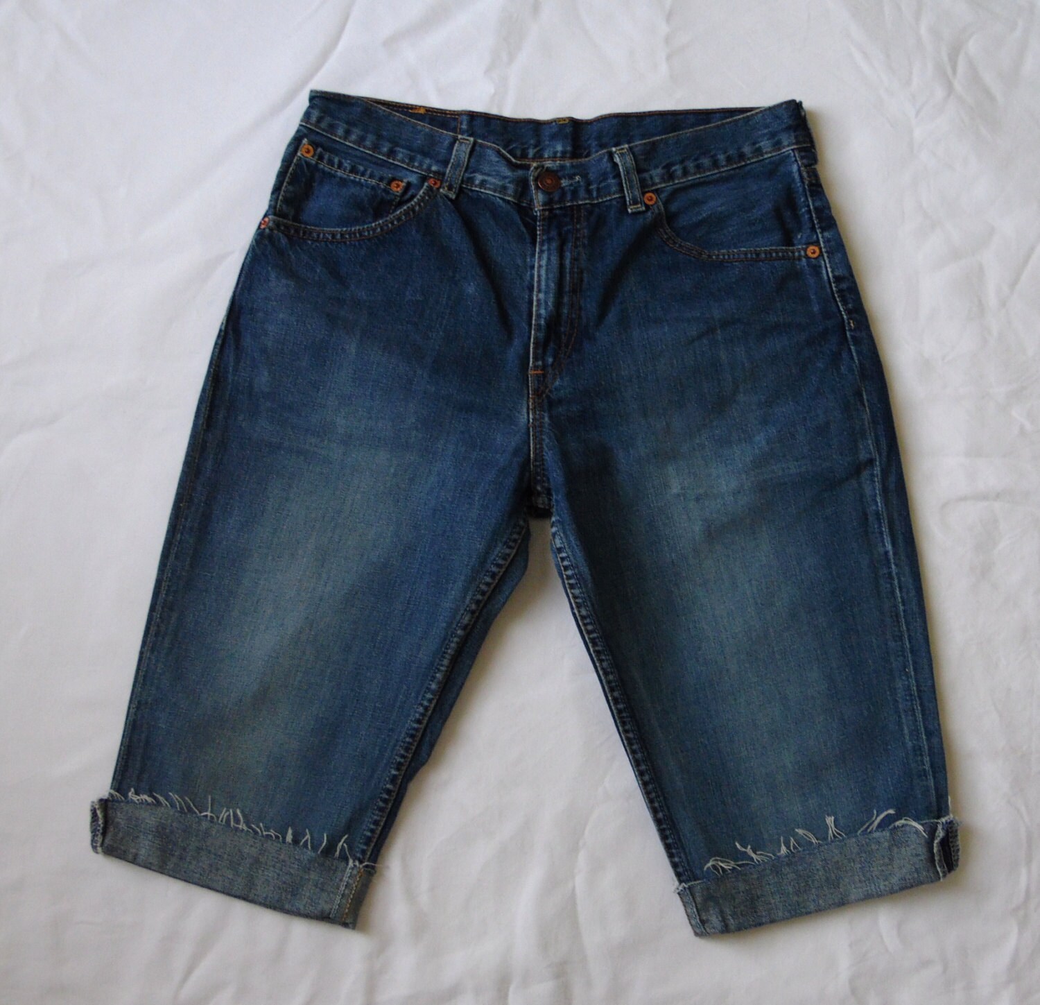 Image of Mens Levis 525 Shorts, Vintage Blue Denim Jean Cut Off Long Waist 31, Small
