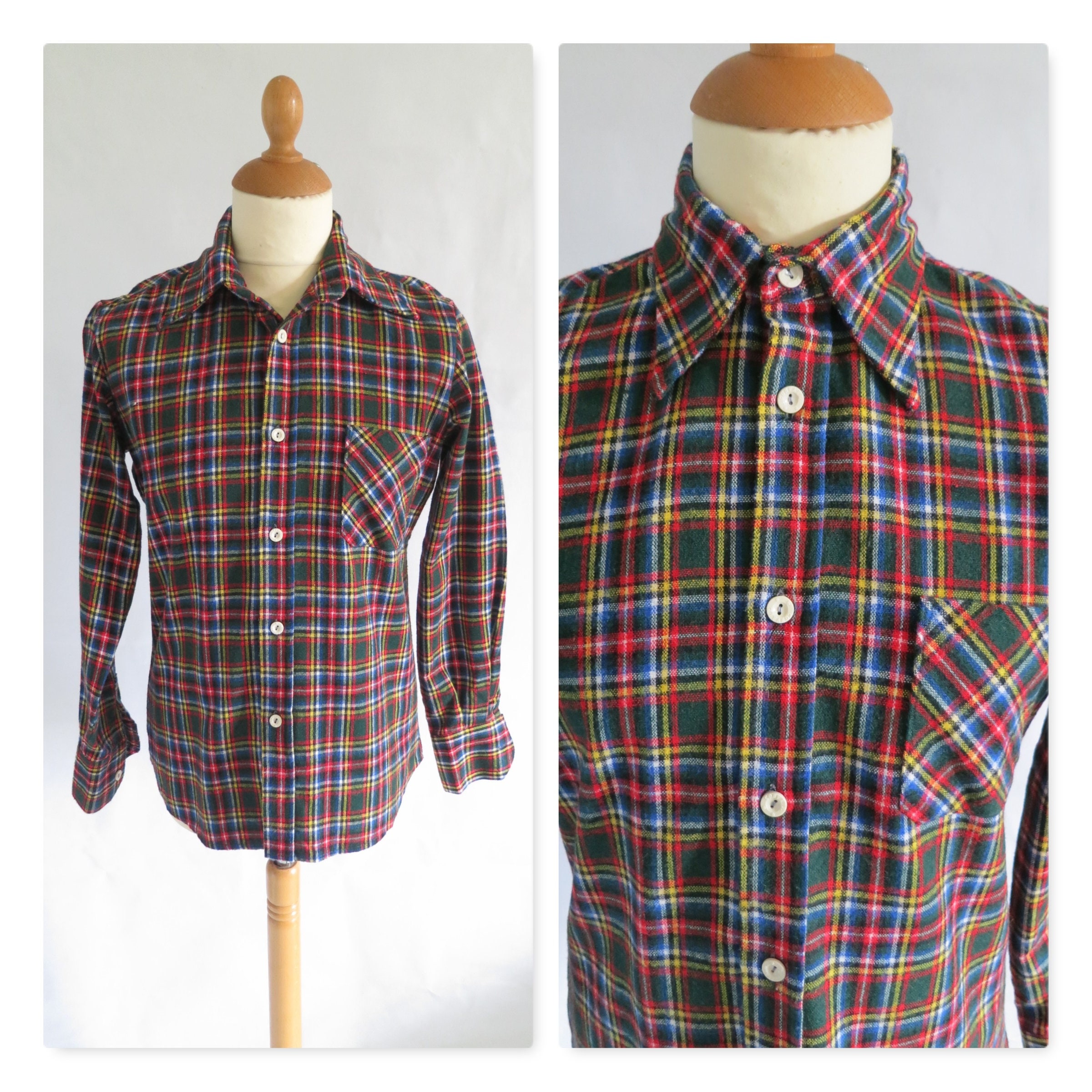 Image of Men's Shirt, Check Patterned Flannel, Fitted, French Vintage, Long Sleeved Top, Medium