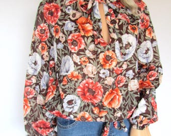 Vintage floral blouse top, 1970's, brown orange, long sleeves, small