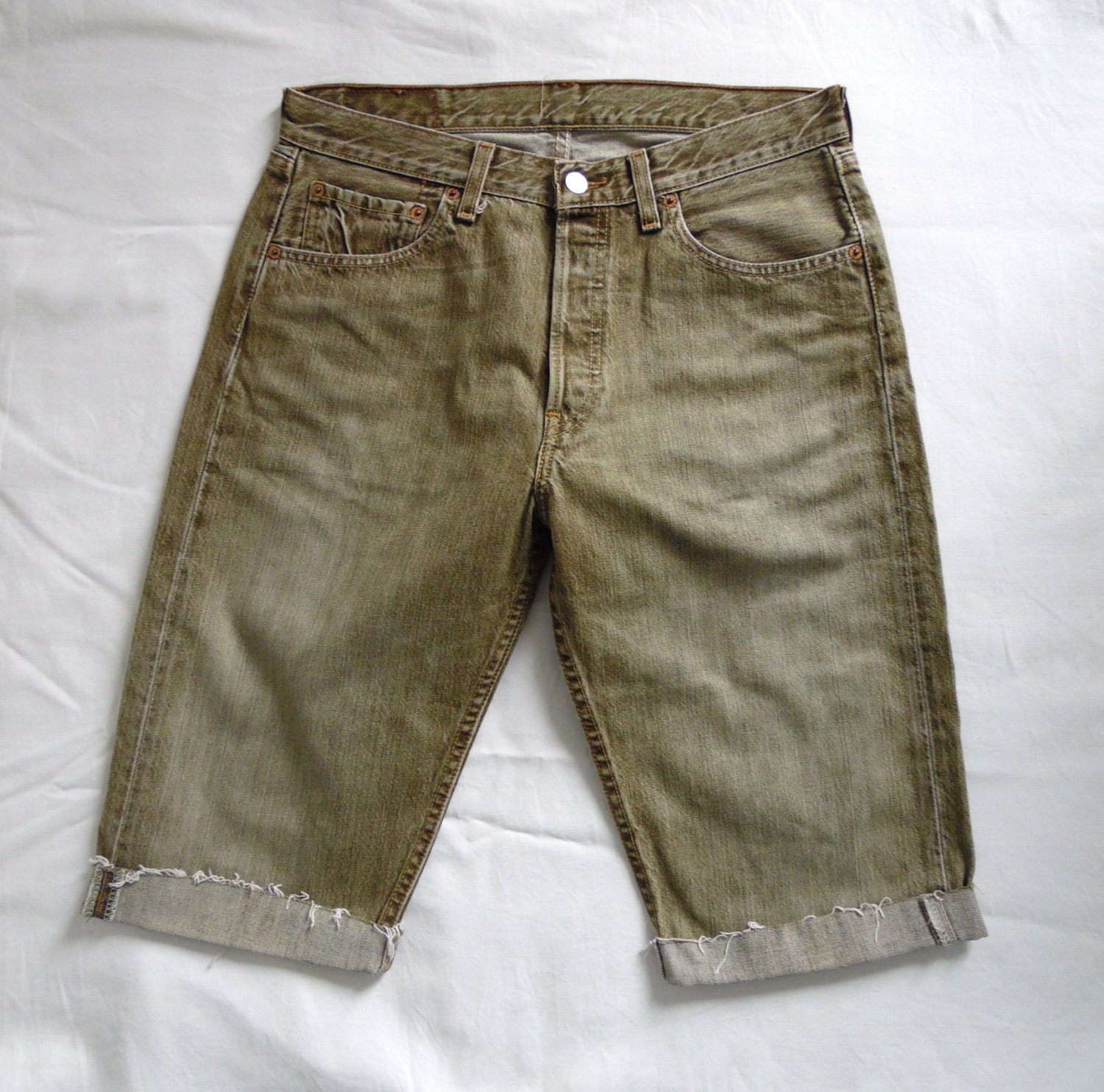 Image of Mens Levis 501 Shorts, Khaki Green Denim Jean, Cut Off, Long Unisex Boyfriend Waist 31, Small