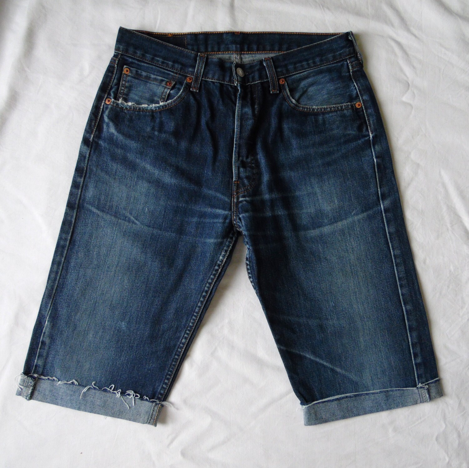 Image of Levis 501 Long Shorts, Blue Denim Jean Cut Offs, Mens Distressed Denim, Boyfriend Waist 31, Small