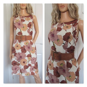 LK Bennett dress, brown cream floral, retro style shift dress, sleeveless, short length, silk linen blend, small, uk 8, eur 34, usa 4