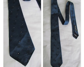 Vintage tie cravate, blue patterned tie, french 70's slim neck tie