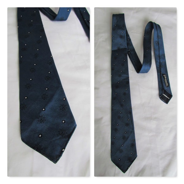 Vintage Krawattenkrawatte, blau gemusterte Krawatte, französische 70er Jahre schmale Krawatte