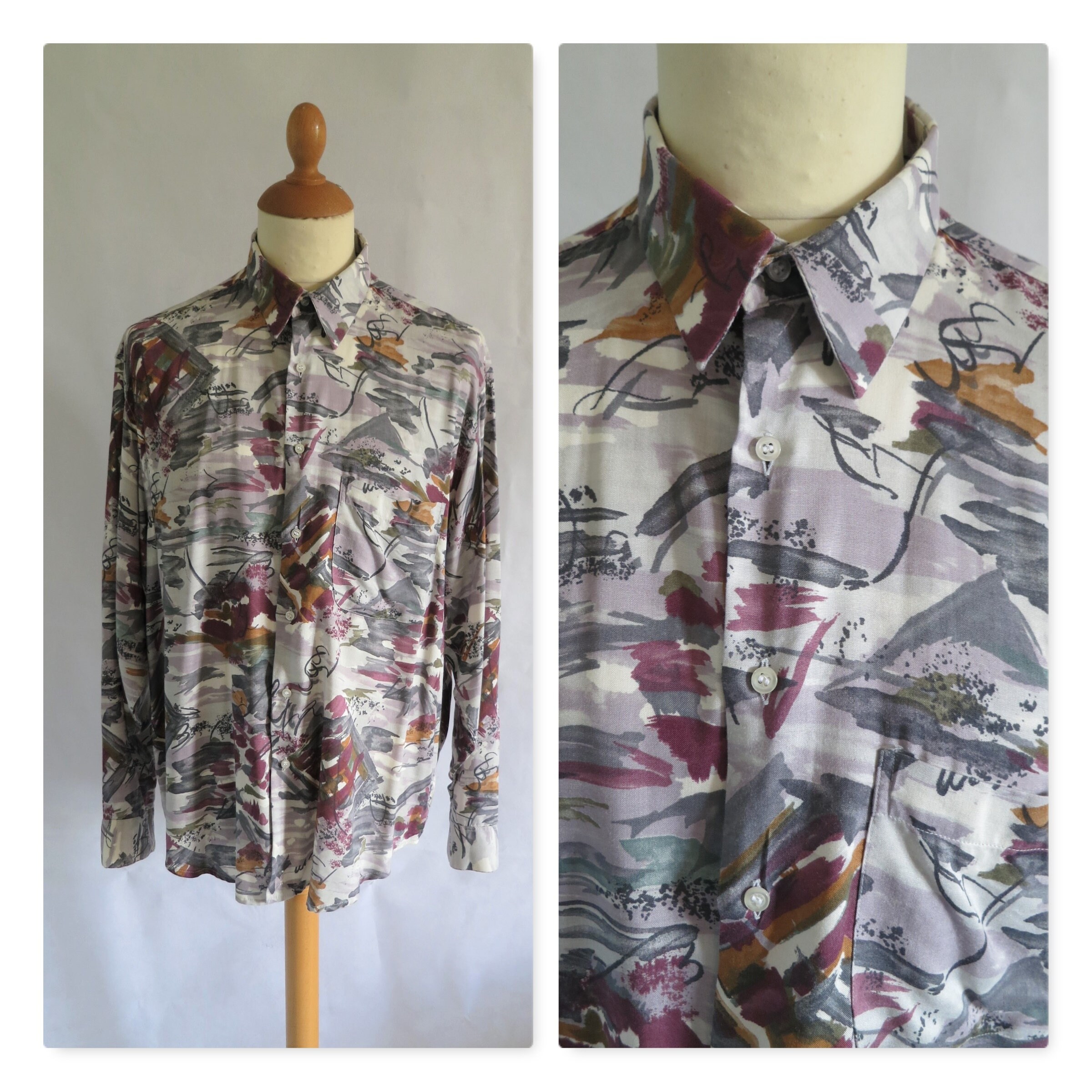 Image of Mens Disco Shirt, Grey Plum Green, Loud Pattern, French Vintage Retro, Long Sleeved Top, X Large