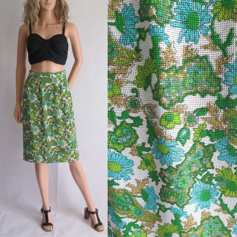 straight cut Vintage green floral skirt high waisted x small waist 24.5 french 60s vintage retro knee length white turquoise green