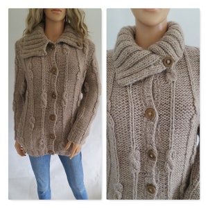 Heavy wool cardigan, beige, hand knitted, french vintage retro, long sleeve cardigan, pockets, pure wool