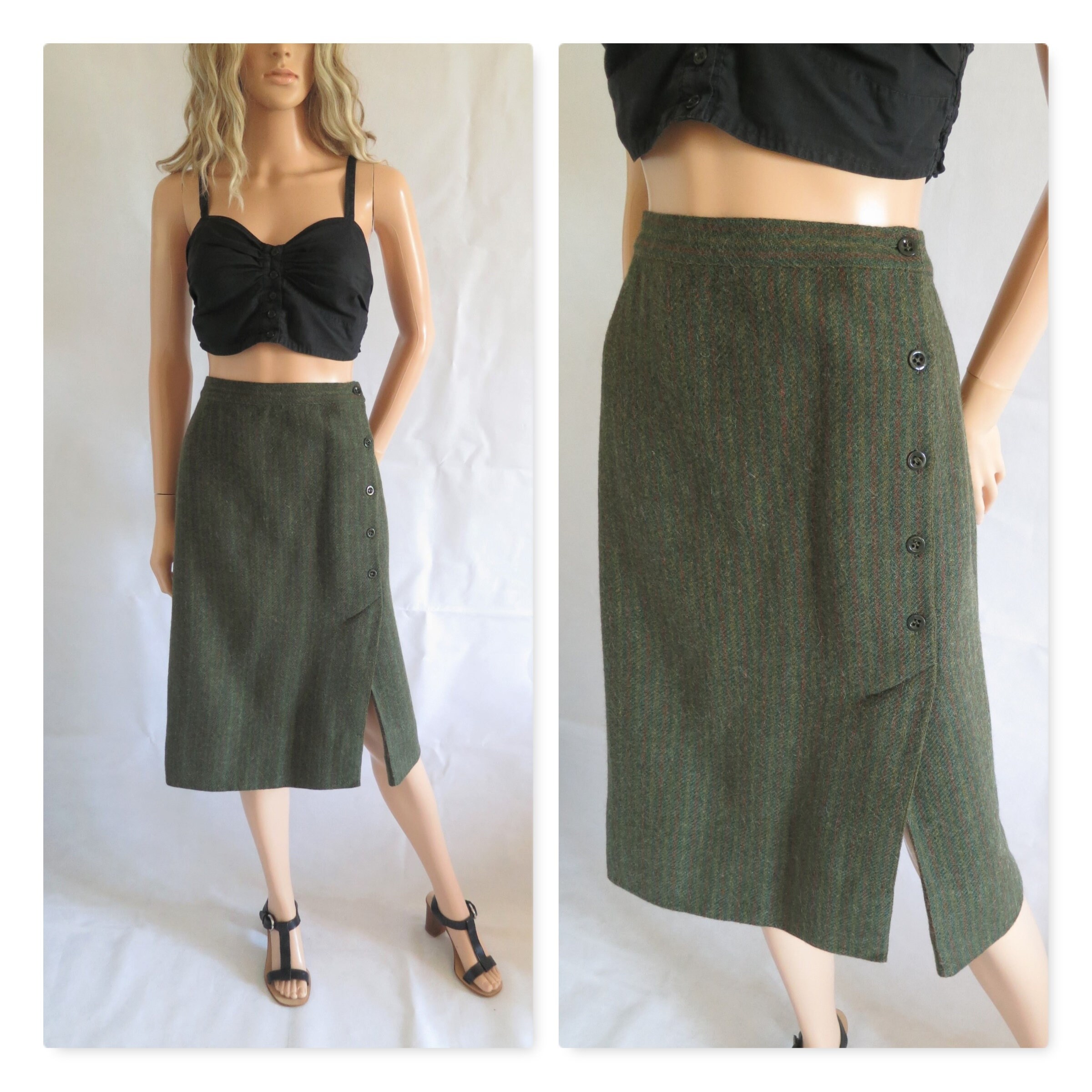 Image of Green Winter Wool Skirt, High Waist, Striped, Stripey, Green & Brown, French Vintage Retro, Knee Length, Small Medium