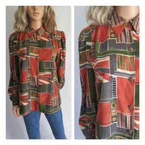 Patterned blouse shirt, tan brown green beige, long sleeves, french 80&#39;s vintage, loose fit top, medium