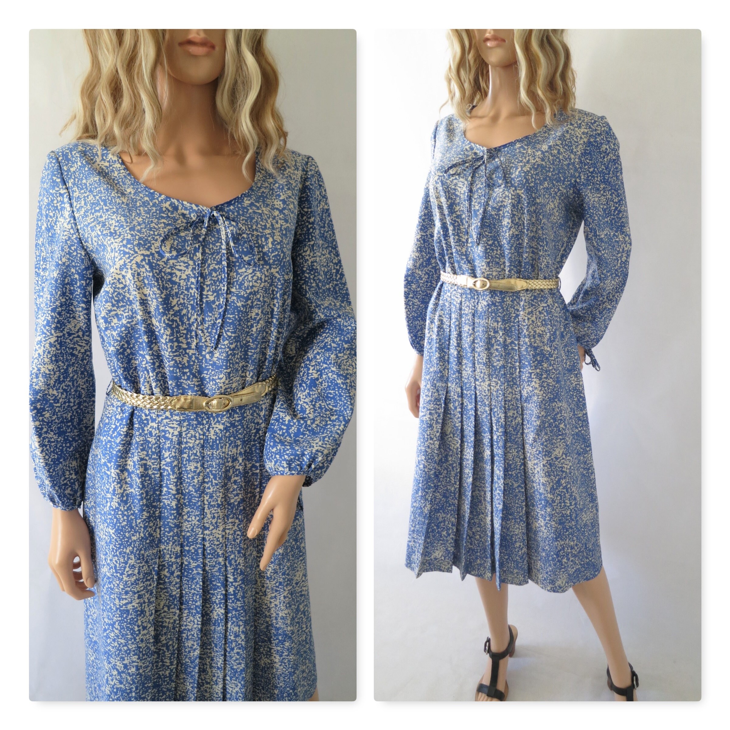 Image of 's Blue Pleated Dress, Long Sleeves, French Vintage, Knee Length, Medium
