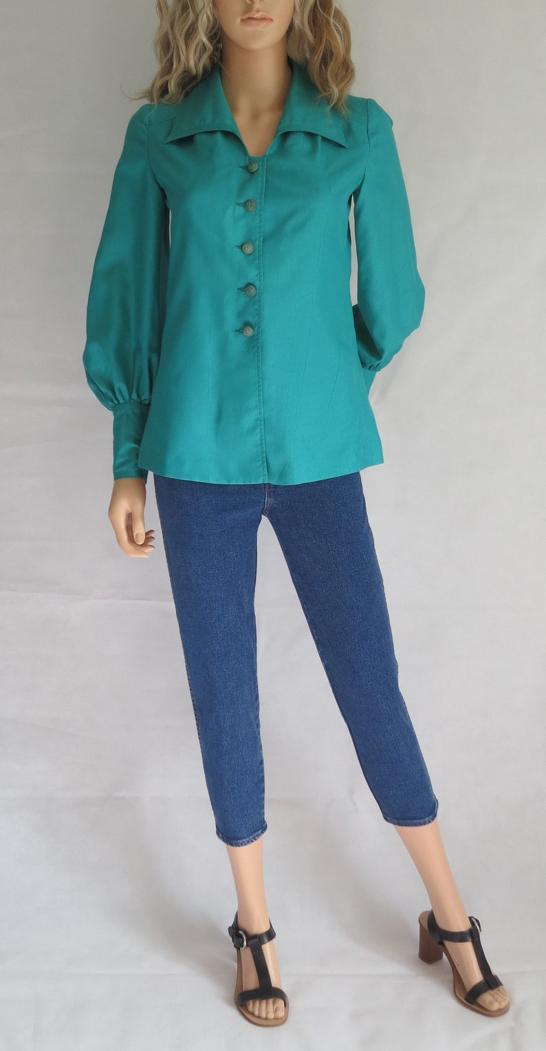 large coller long puff sleeves jade green small french 70/'s retro vintage Green fitted blouse shirt top