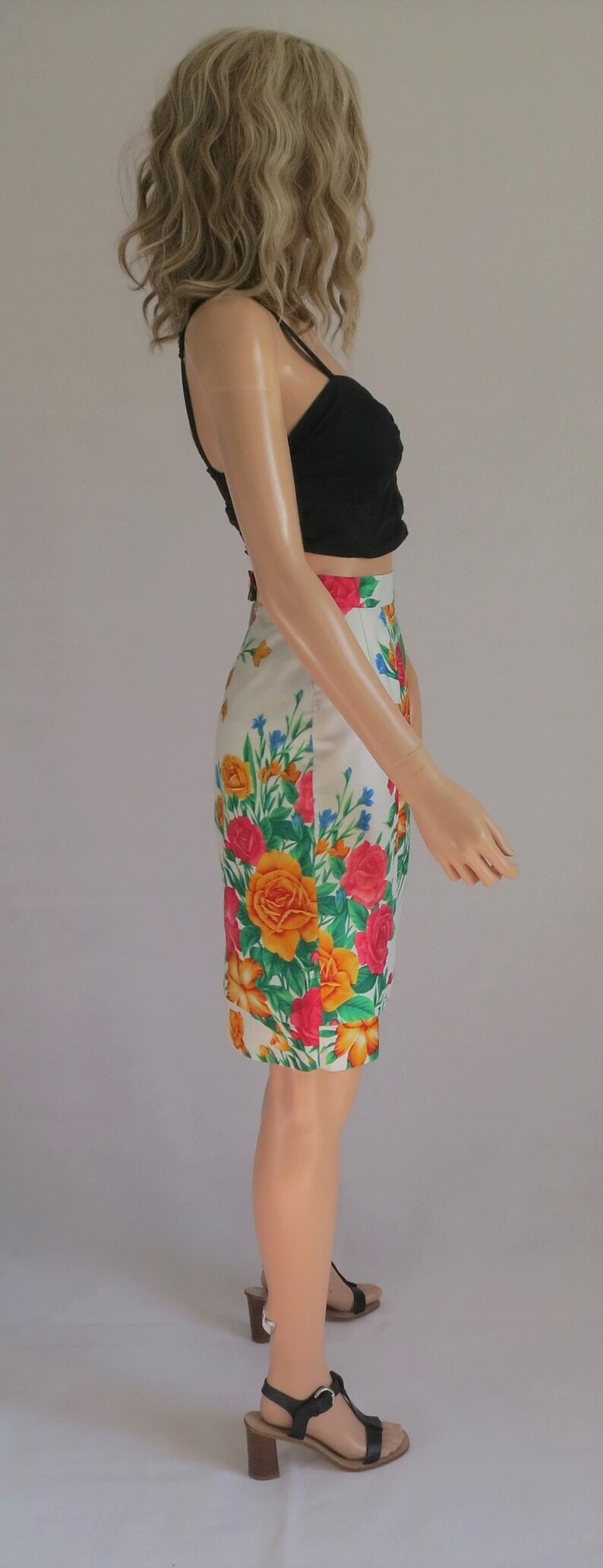 Floral summer pencil skirt, vintage retro 80's, high waist, colourful French fitted knee length summer skirt, small image 3