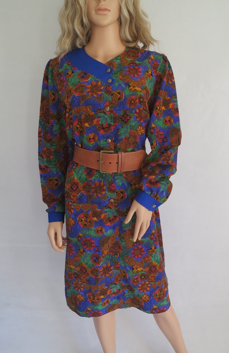 knee length silky polyester Floral patterned shirt dress blue mustard green french 70/'s vintage retro medium large long sleeves