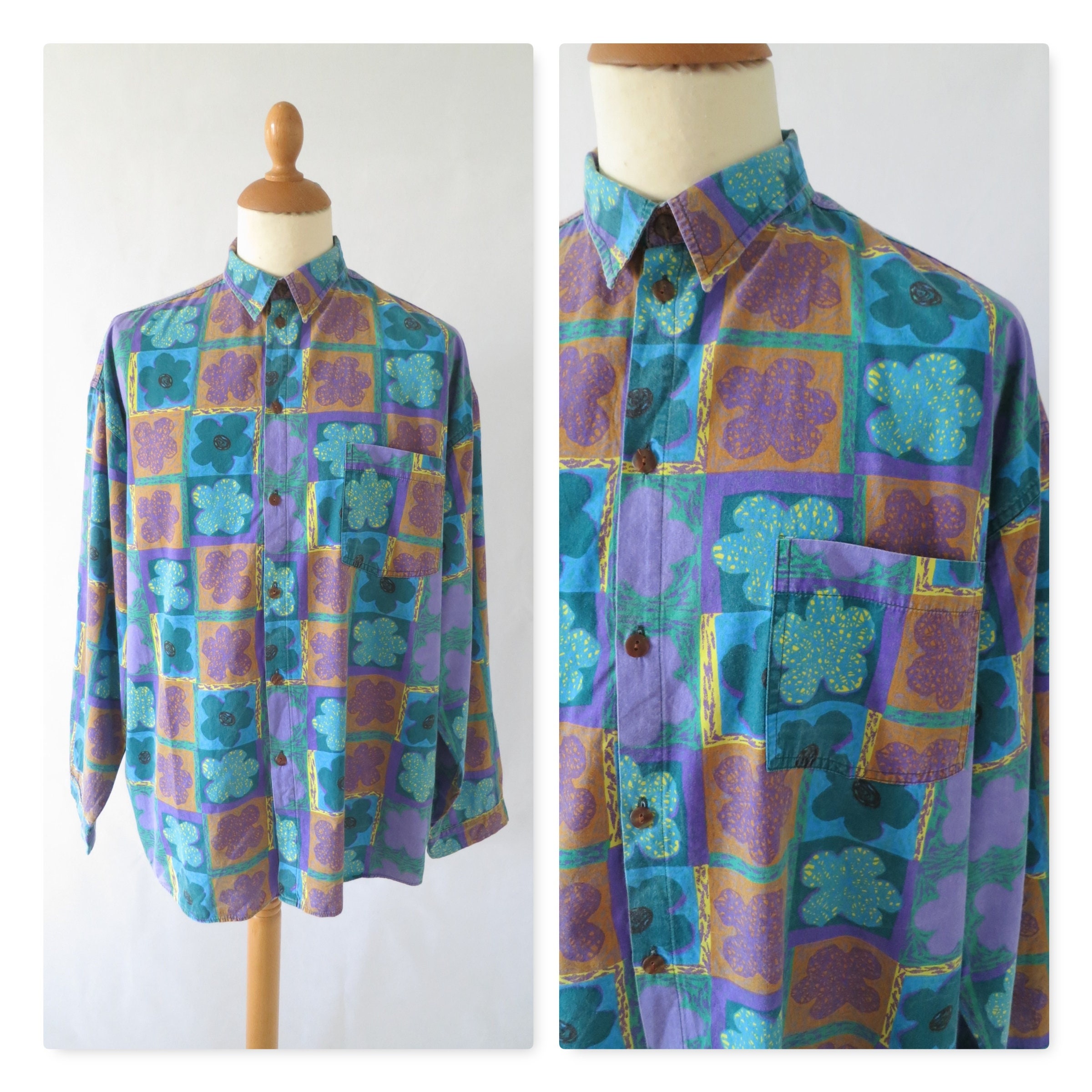 Image of Men's Shirt, Purple Green Patterned Disco French Vintage, Long Sleeved Top, Large