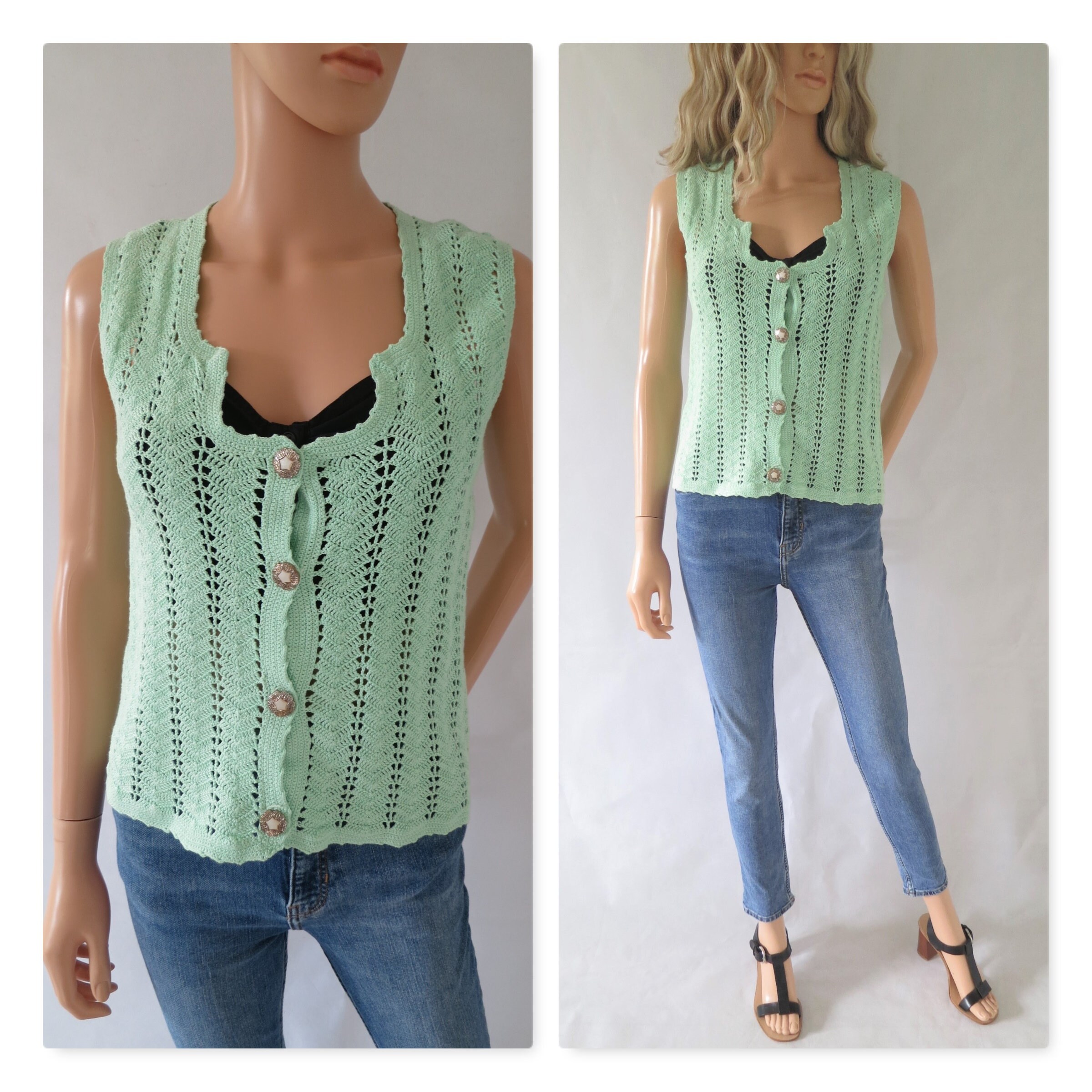 Image of Knitted Wool Vest Waistcoat, Sleeveless, Mint Green, French Vintage, Hand Knitted, Small