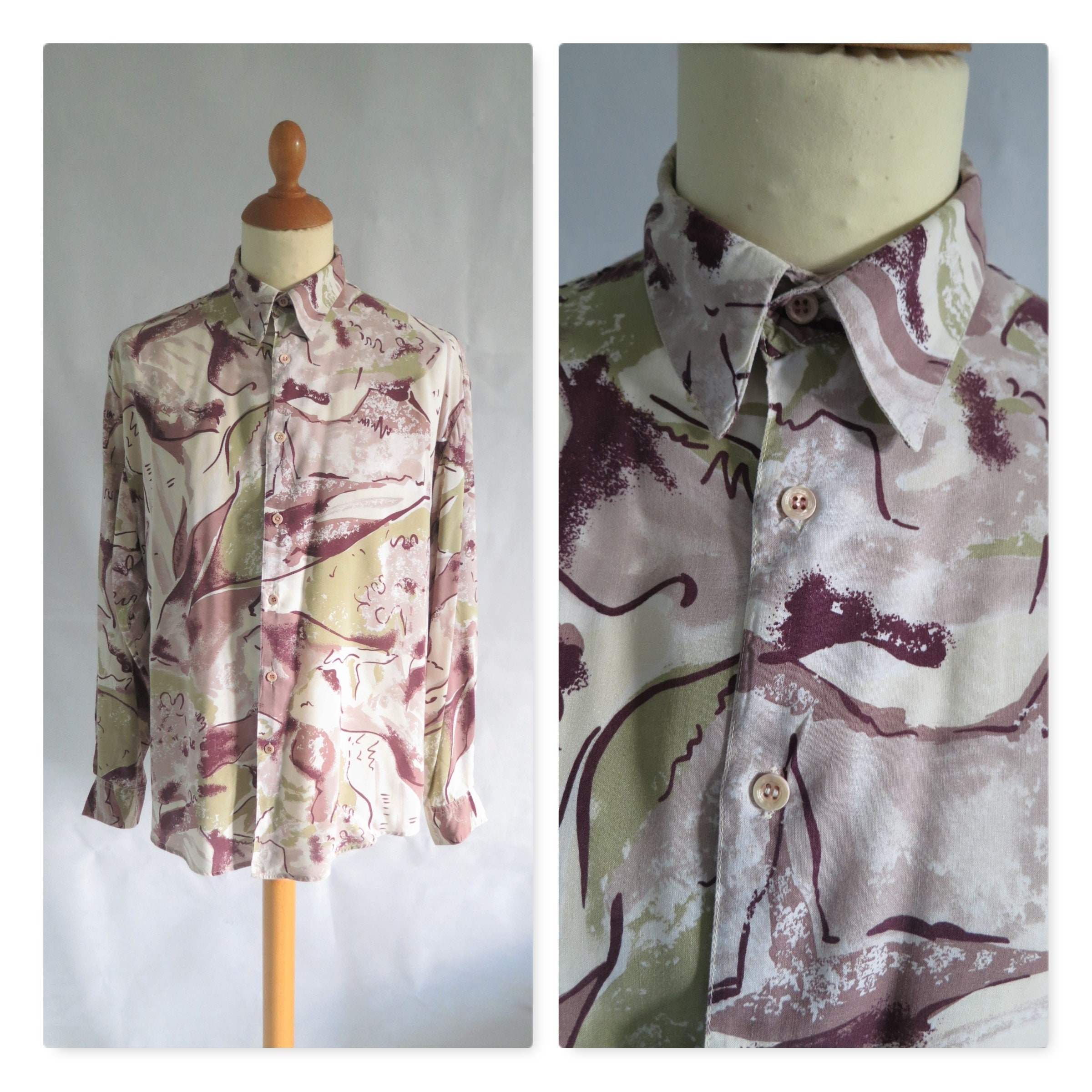 Image of Mens Disco Shirt, Mexx, Plum Green Cream, Loud Pattern, French Vintage Retro, Long Sleeved Top, Medium