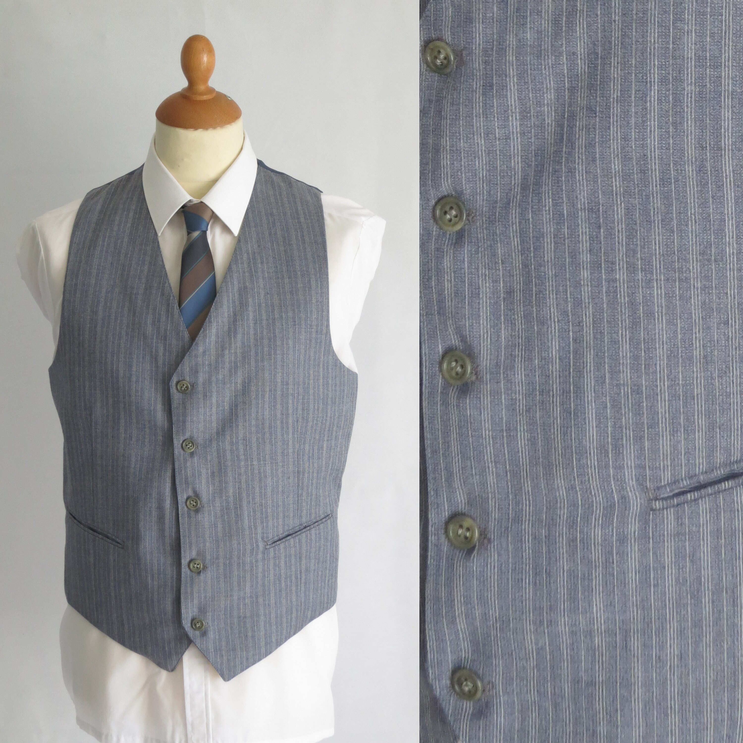 Image of Men's Blue Waistcoat Vest, Pinstripe Wool, French Vintage, Traditional Classic Formal, Medium Large