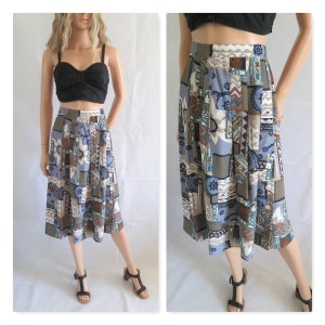 Patterned skirt, high waist, knee length,  french 80&#39;s vintage retro, medium large
