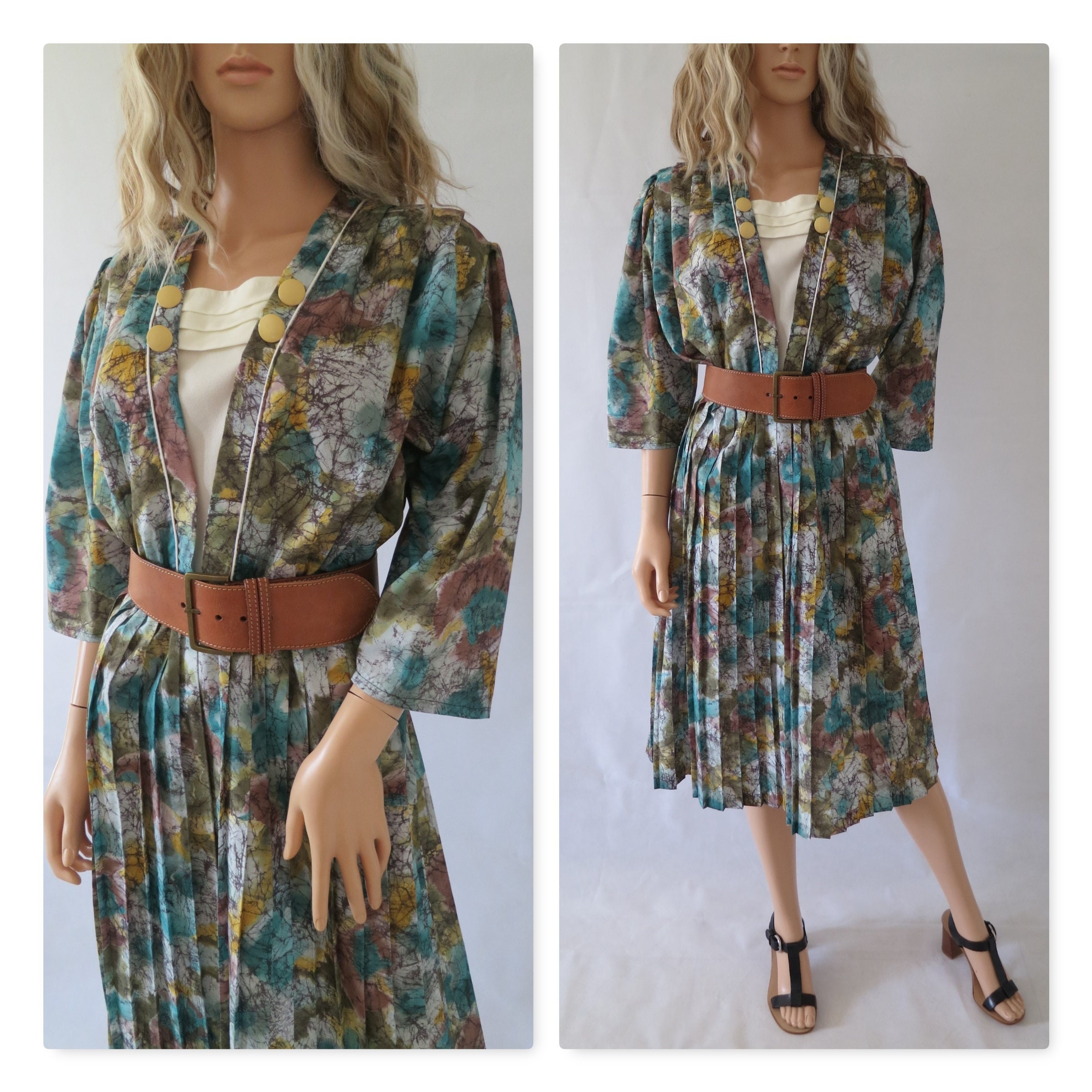 Image of Vintage Pleated Dress, Green Brown Yellow, Skirt, Knee Length, French Retro Vintage, Large