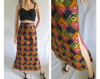 Long cotton skirt, high waist, fishtail, African print, x small, waist  26 inches