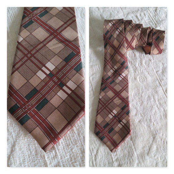 Vintage silk tie cravate, brown plaid checked, pu… - image 1