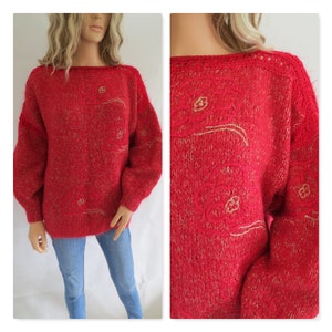 Wool sweater jumper pullover, boat neck, red & gold, hand knitted, french vintage retro, long sleeve, large