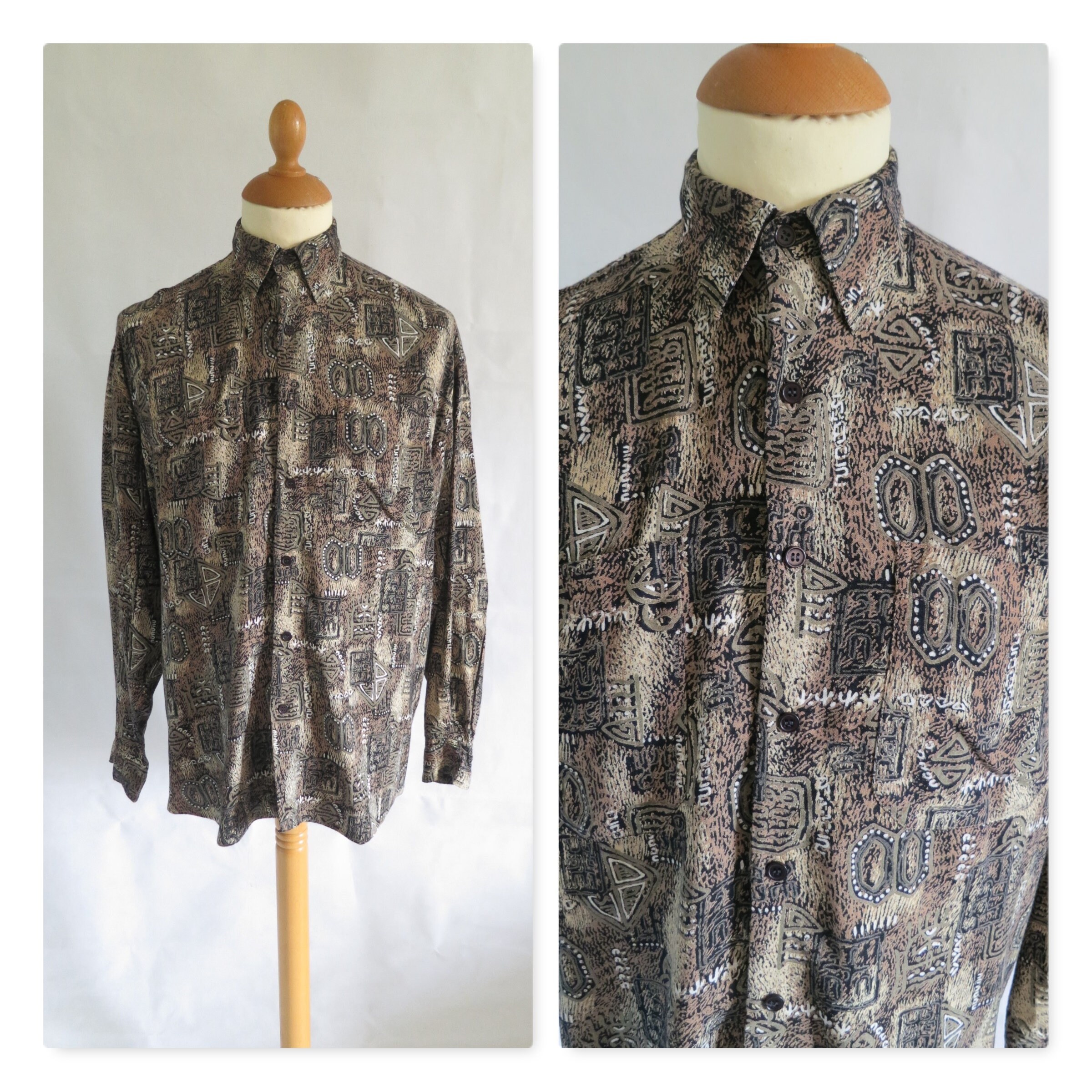 Image of Mens Patterned Shirt, Green & Black, French Vintage Retro, Long Sleeved Top, Small