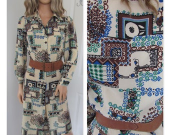 70's shirt dress, patterned, long sleeves, french vintage, knee length, handcrafted, small