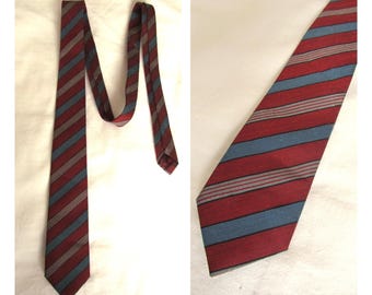 Corbata de seda vintage, corbata de rayas rojas, azules y grises, corbata de rayas