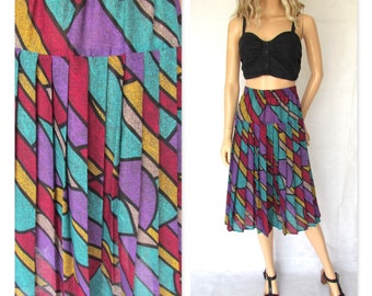 Patterned pleated skirt, British 80's vintage, high elasticated waist, large