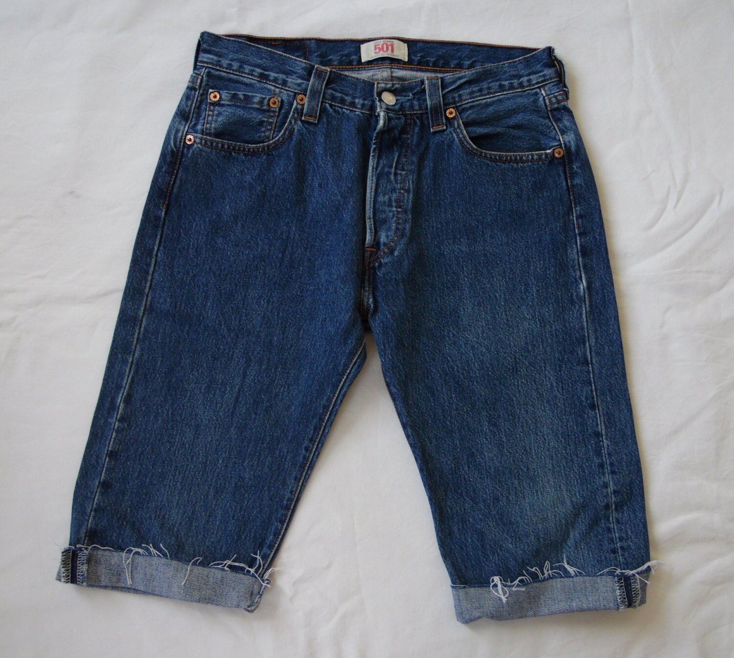 Image of Mens Denim Shorts, Vintage Levis 501 Blue Jean Cut Off Long Waist 29 30, Small