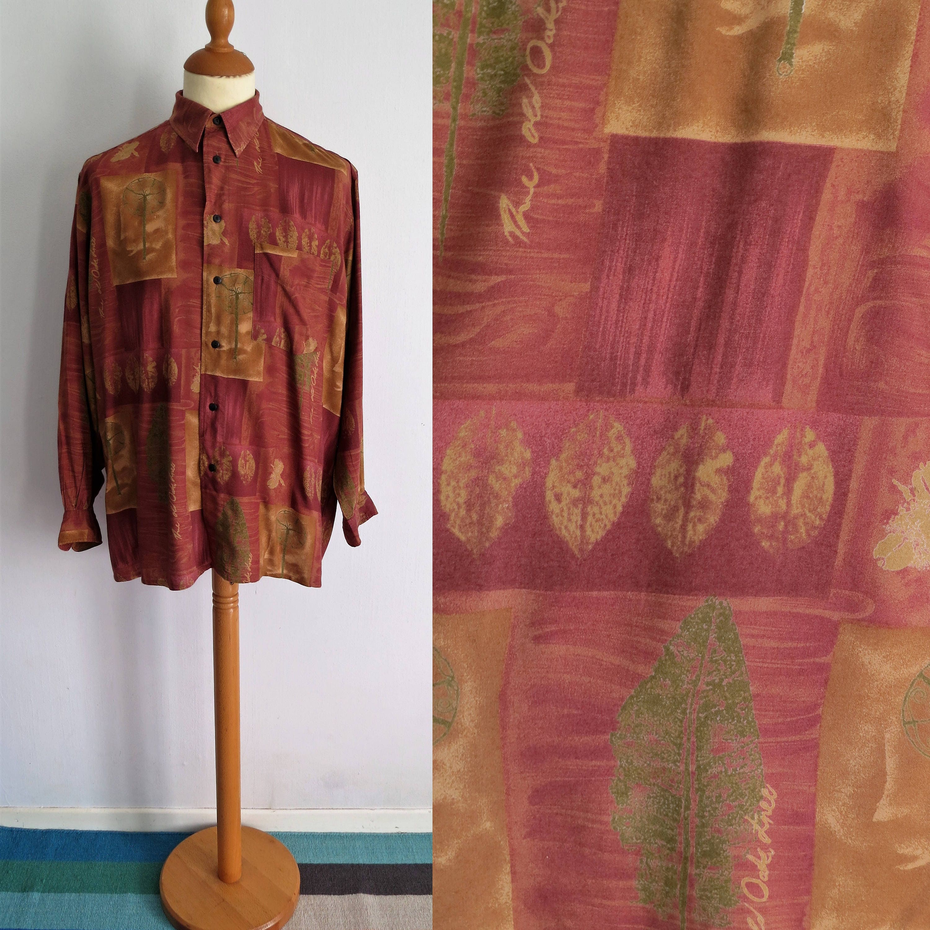 Image of Brown Loud Patterned Shirt, Tan Brown & Green, French 90S Retro Vintage Long Sleeved Top, Large