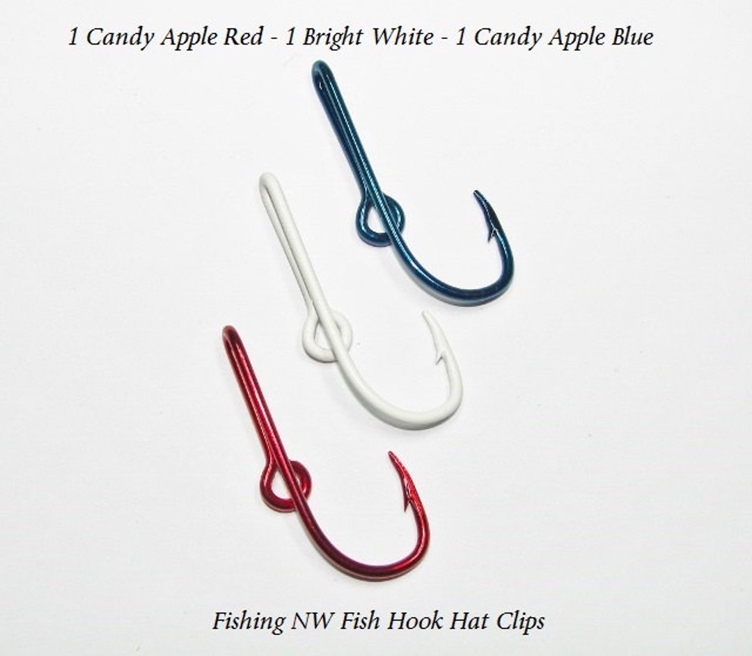 3 Set 1 Candy Apple Red 1 Candy Apple Blue & 1 Bright White Colored Fish  Hook Hat Clips / Pins, Tie Clips or Money Clips 