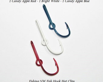 3 Set - 1 Candy Apple Red - 1 Candy Apple Blue & 1 Bright White Colored  Fish Hook Hat Clips / Pins, Tie Clips or Money Clips