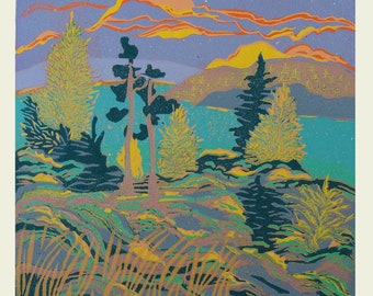 Linograbado Kalamalka Evening, impreso a mano