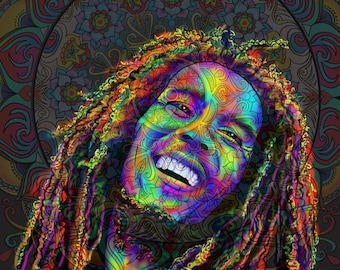 Puede incluir: Una vibrante ilustración digital multicolor de una persona sonriente con rastas largas. El rostro y el cabello están superpuestos con intrincados patrones brillantes de estilo mandala en tonos neón amarillo, azul, morado y verde sobre un fondo oscuro.