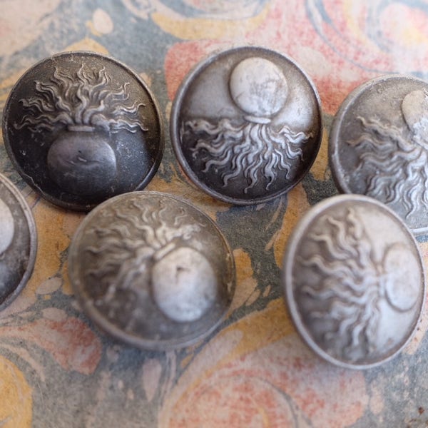 Beautiful French antique silver coloured military buttons, collection, costume, jewellery supplies, sewing project, round heavy charm.